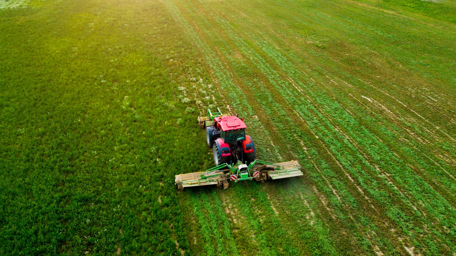 a tractor mows a field of aerial photography with drone